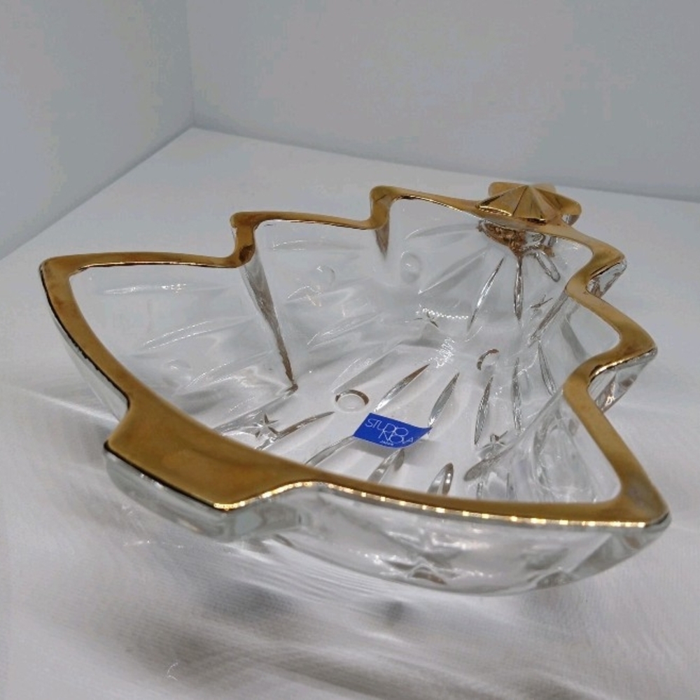 VTG STUDIO NOVA CHRISTMAS TREE Gold Tone Trim Glass Nuts Candy Tidbits Dish New